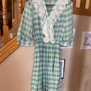 Green Plaid Dress with Lace Trim